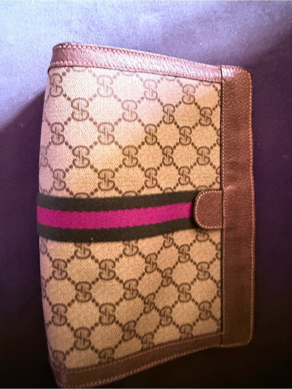 Gucci Brown Monogram Canvas Clutch with Pink and Black Web